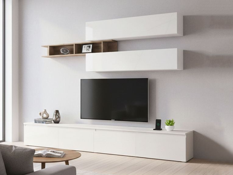 Mobile salotto moderno 276cm bianco lucido e rovere - Gilma