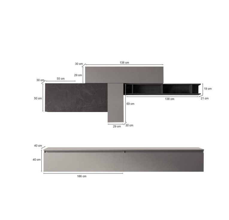 Mobile salotto modulabile 276cm ardesia e grigio scuro - Anacamptis