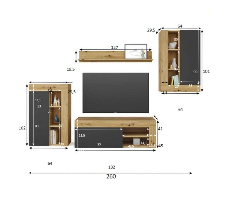 Mobile salotto ripiani regolabili 260cm legno e antracite - Atex