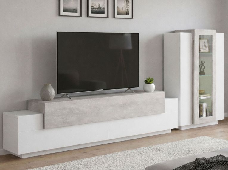 Mobile soggiorno con vetrina 280cm bianco lucido e cemento - Anisia