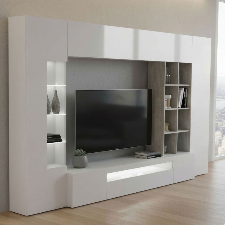 Mobile soggiorno con vetrina 290cm bianco lucido e cemento - Azuro