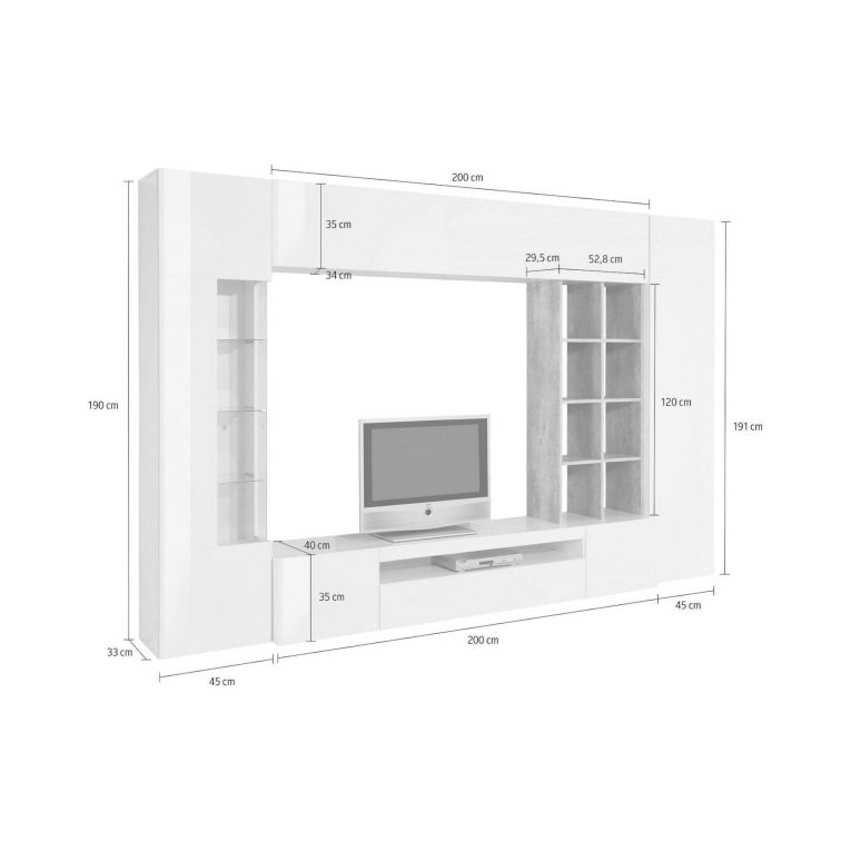 Mobile soggiorno con vetrina 290cm bianco lucido e cemento - Azuro