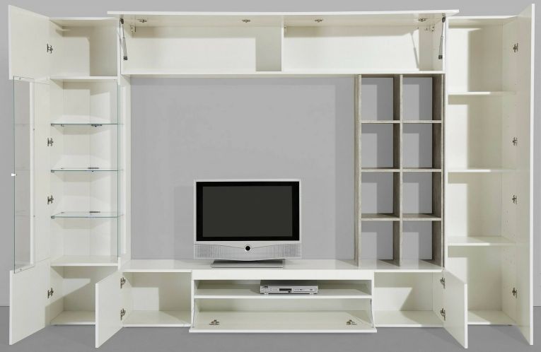 Mobile soggiorno con vetrina 290cm bianco lucido e cemento - Azuro