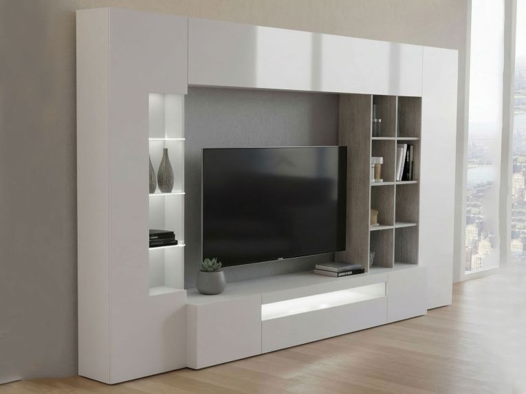 Mobile soggiorno con vetrina 290cm bianco lucido e cemento - Azuro