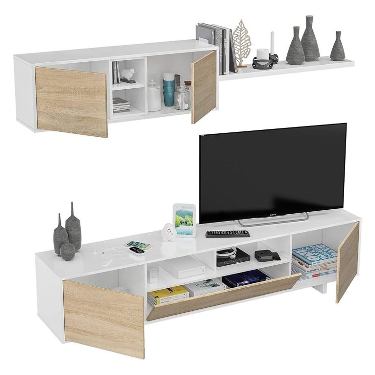 Mobile soggiorno in legno 200cm bianco lucido e rovere - Angora