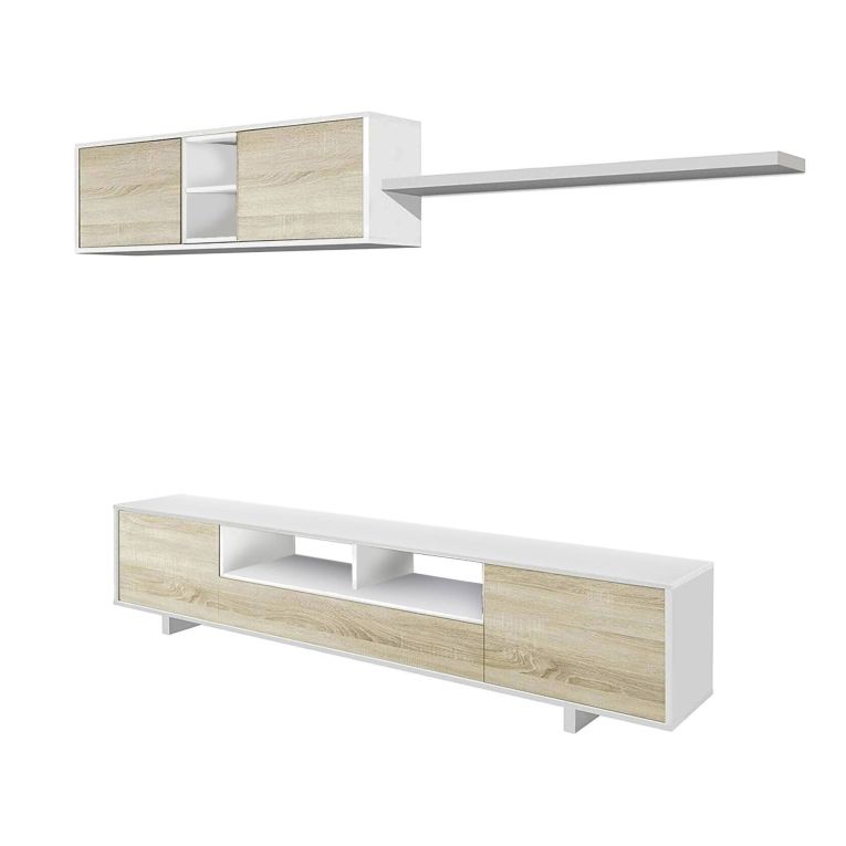 Mobile soggiorno in legno 200cm bianco lucido e rovere - Angora