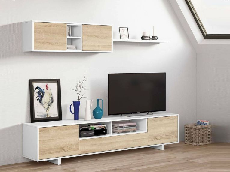 Mobile soggiorno in legno 200cm bianco lucido e rovere - Angora