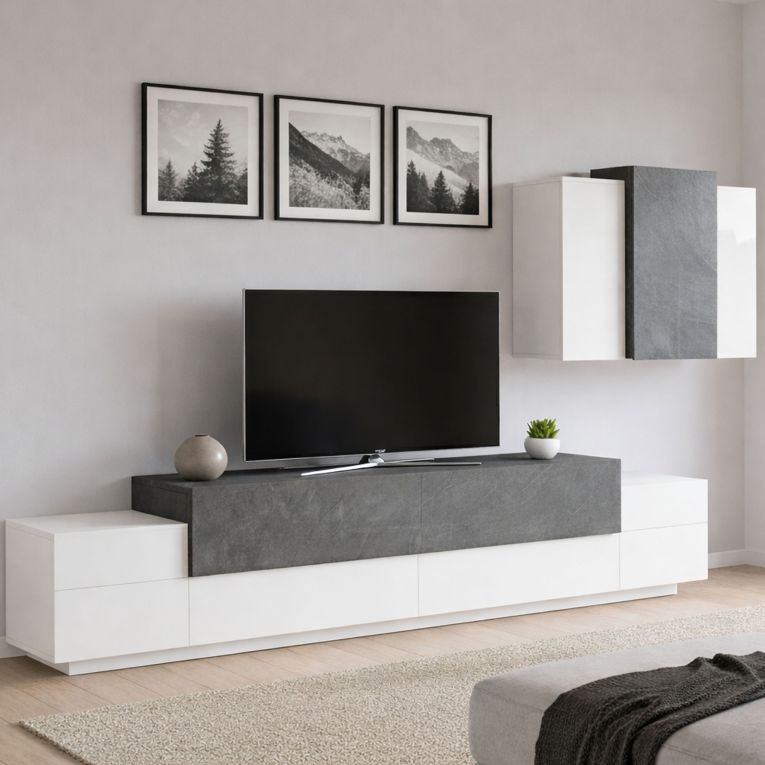 Mobile soggiorno in legno 240cm bianco lucido e ardesia - Alaskino
