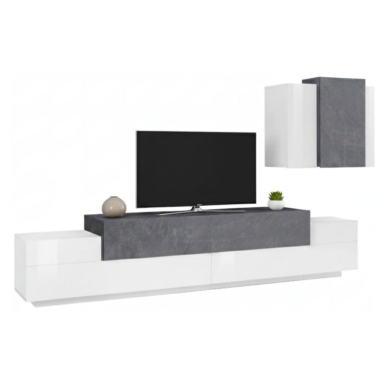 Mobile soggiorno in legno 240cm bianco lucido e ardesia - Alaskino
