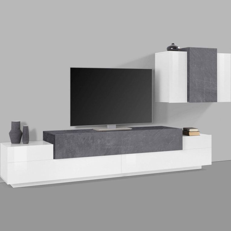 Mobile soggiorno in legno 240cm bianco lucido e ardesia - Alaskino