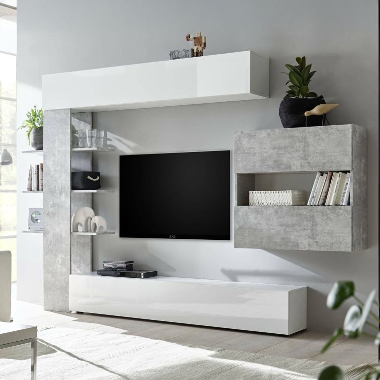 Mobile soggiorno in legno e metallo 295cm bianco lucido e cemento - Aragosta