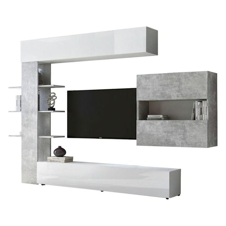 Mobile soggiorno in legno e metallo 295cm bianco lucido e cemento - Aragosta