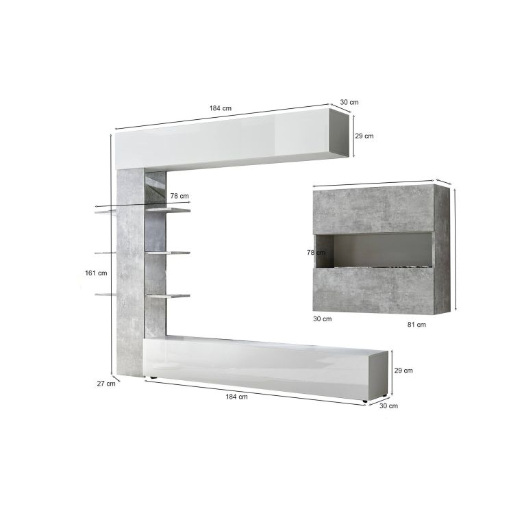 Mobile soggiorno in legno e metallo 295cm bianco lucido e cemento - Aragosta