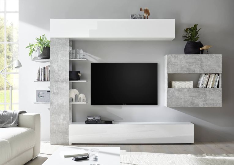 Mobile soggiorno in legno e metallo 295cm bianco lucido e cemento - Aragosta