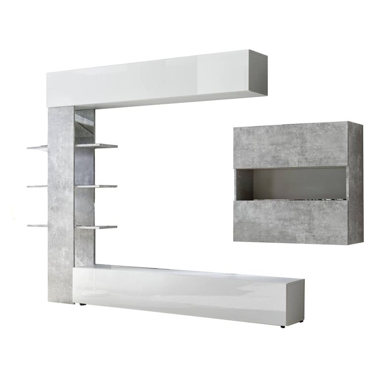 Mobile soggiorno in legno e metallo 295cm bianco lucido e cemento - Aragosta