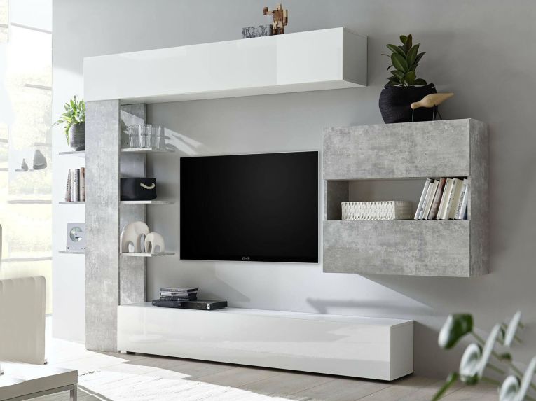 Mobile soggiorno in legno e metallo 295cm bianco lucido e cemento - Aragosta
