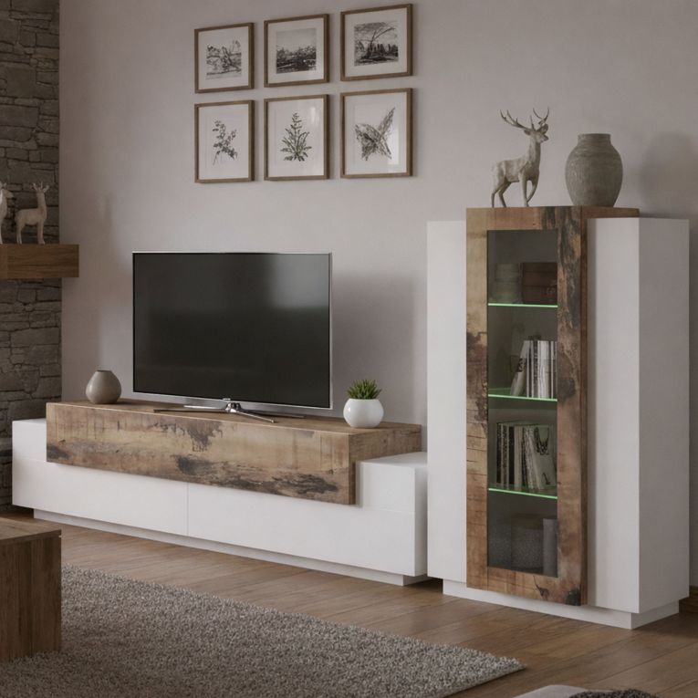 Mobile soggiorno in vetro e legno 280cm bianco lucido e acero - Anisia