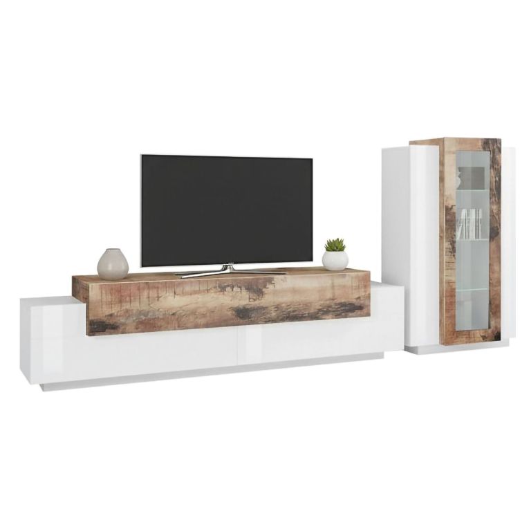 Mobile soggiorno in vetro e legno 280cm bianco lucido e acero - Anisia