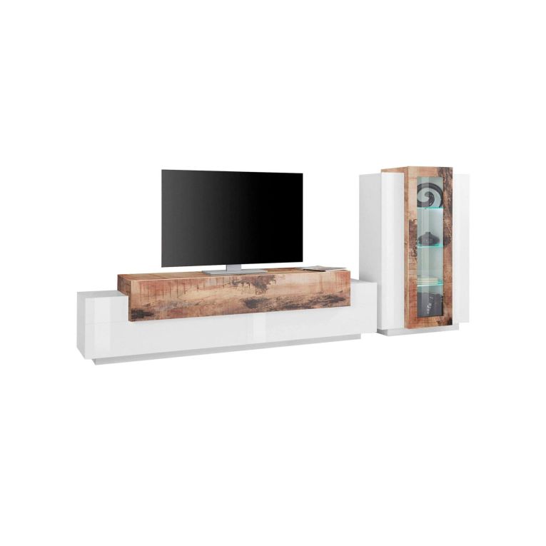 Mobile soggiorno in vetro e legno 280cm bianco lucido e acero - Anisia