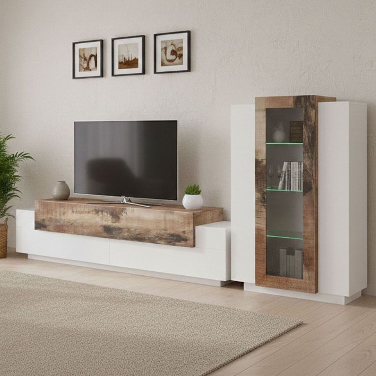 Mobile soggiorno in vetro e legno 280cm bianco lucido e acero - Anisia