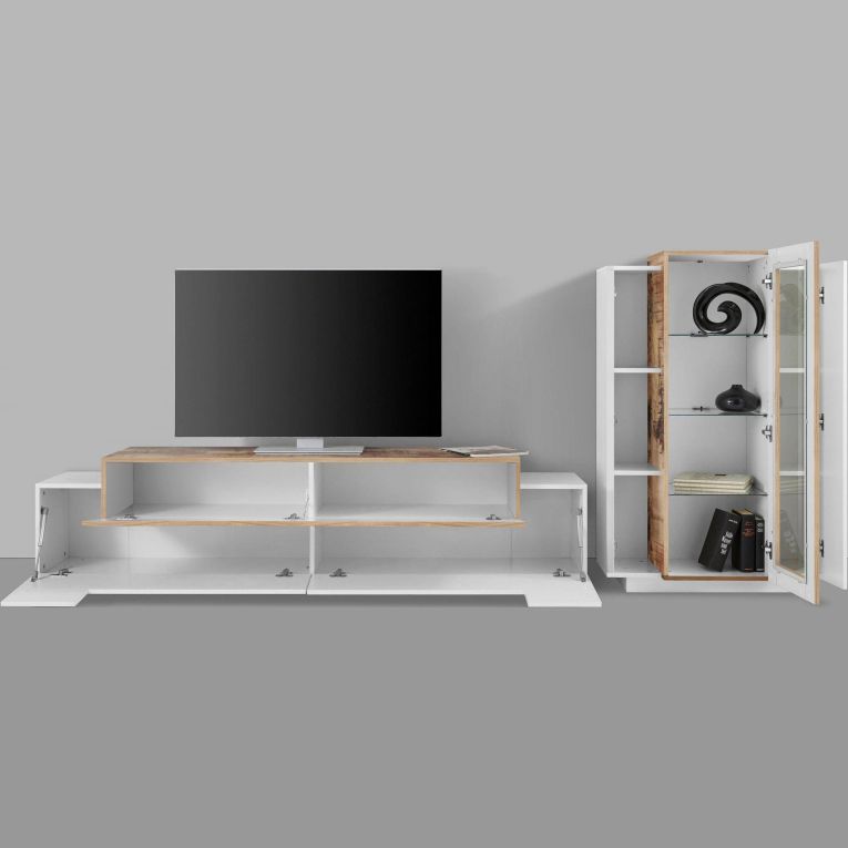 Mobile soggiorno in vetro e legno 280cm bianco lucido e acero - Anisia