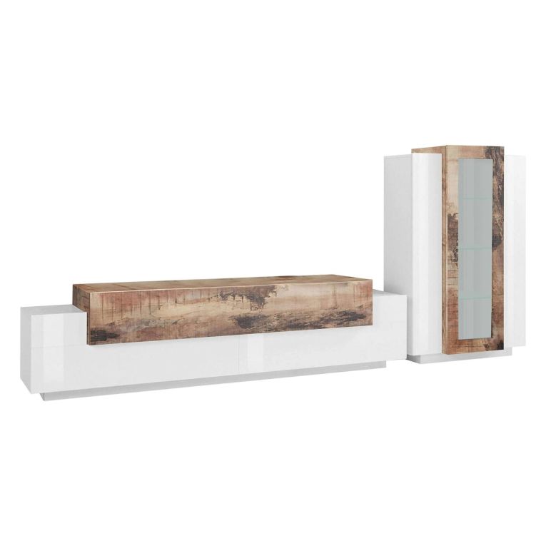 Mobile soggiorno in vetro e legno 280cm bianco lucido e acero - Anisia