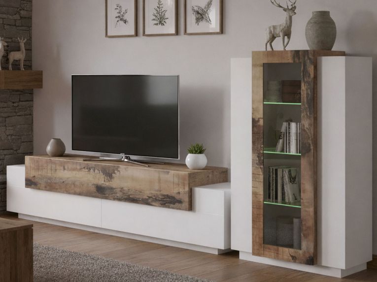 Mobile soggiorno in vetro e legno 280cm bianco lucido e acero - Anisia