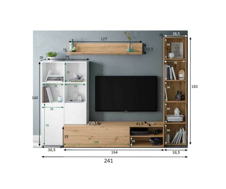 Mobile soggiorno modulabile 241cm bianco e legno - Argus
