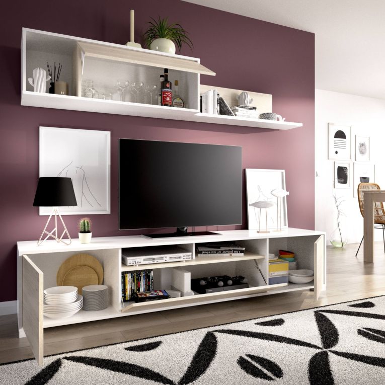 Mobile soggiorno multifunzione 200cm rovere e bianco lucido - Abbete