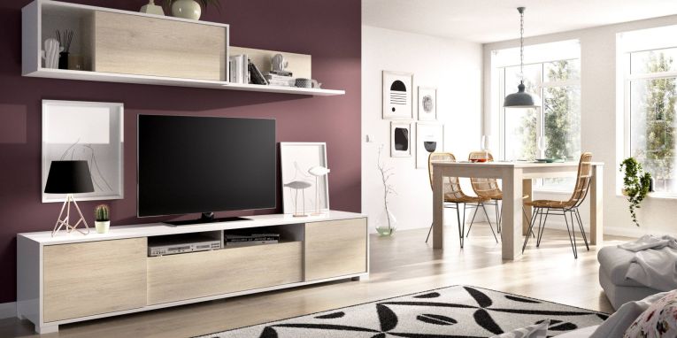 Mobile soggiorno multifunzione 200cm rovere e bianco lucido - Abbete