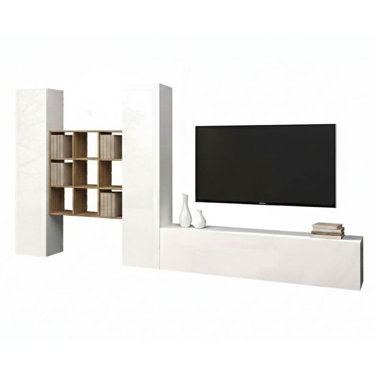 Mobile soggiorno multifunzione 270cm bianco lucido e acero - Genoveffa
