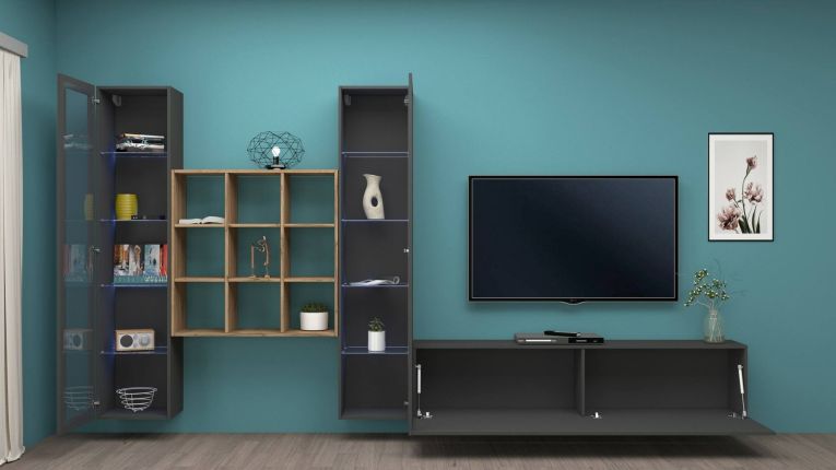 Mobile soggiorno multifunzione 350cm antracite e acero - Atella