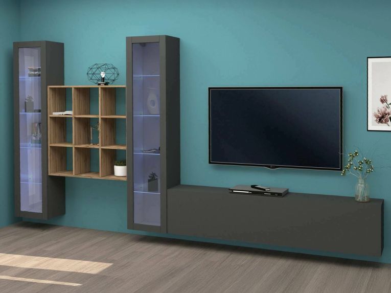 Mobile soggiorno multifunzione 350cm antracite e acero - Atella
