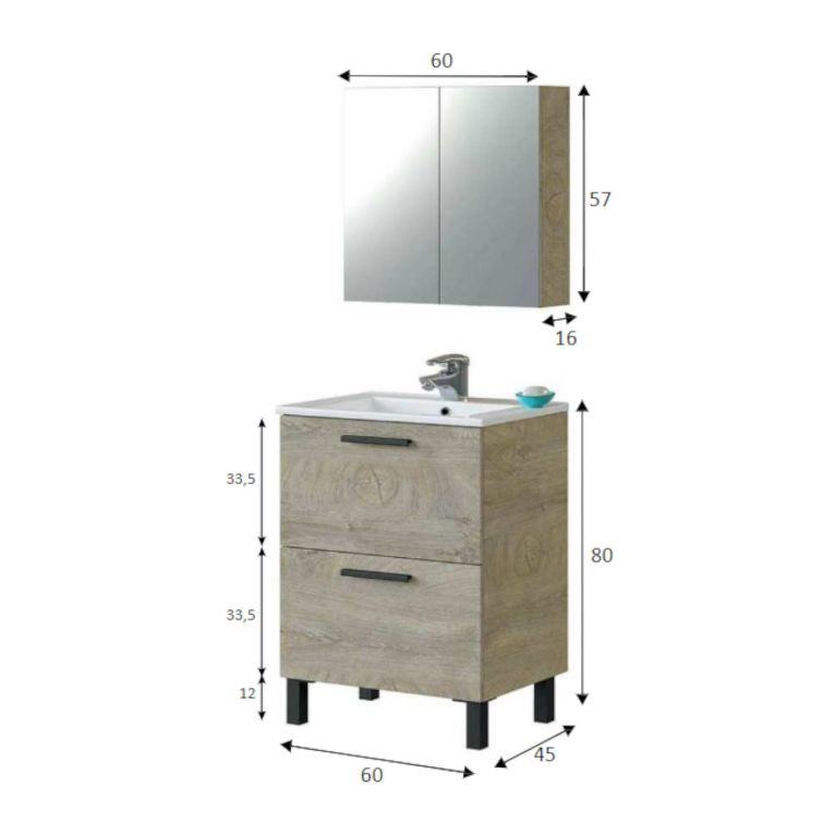 Mobile sottolavabo 2 cassetti 60x80x45h cm rovere - Aruna