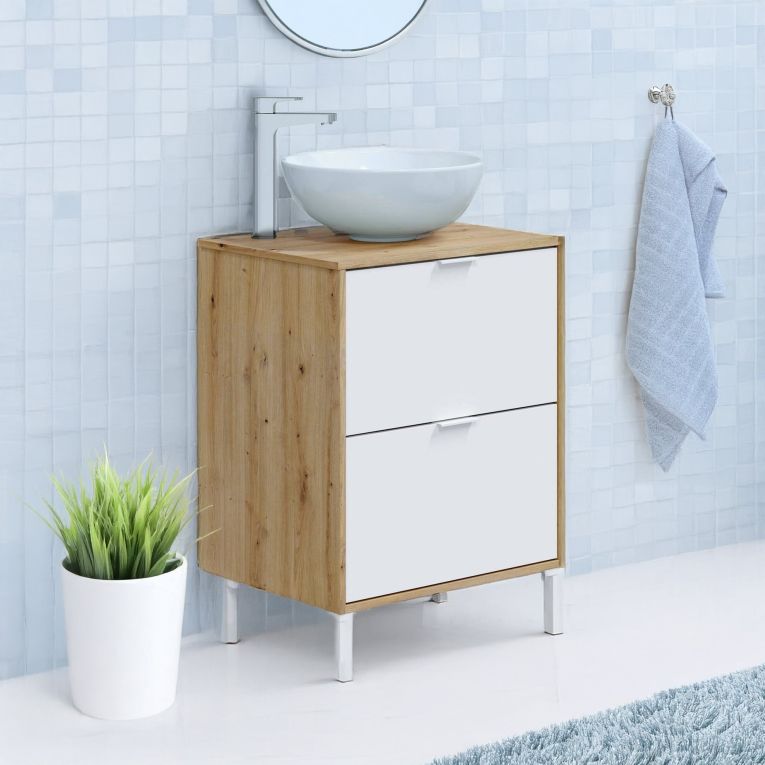 Mobile sottolavabo 2 cassetti 61x46x79h cm rovere nodi e bianco lucido - Lisbona