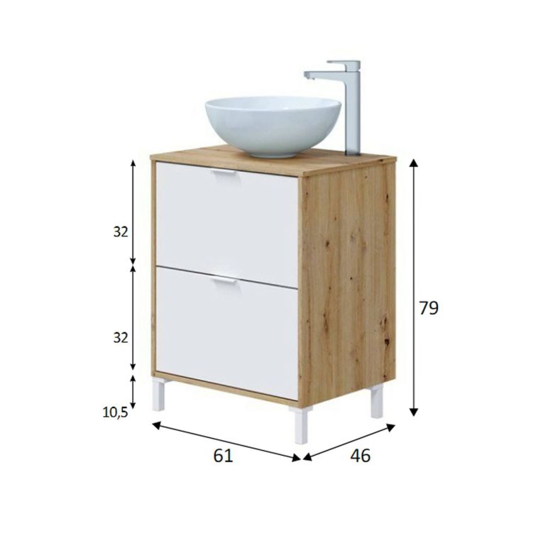 Mobile sottolavabo 2 cassetti 61x46x79h cm rovere nodi e bianco lucido - Lisbona