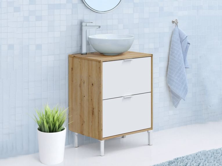 Mobile sottolavabo 2 cassetti 61x46x79h cm rovere nodi e bianco lucido - Lisbona