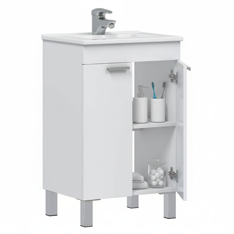 Mobile Sottolavabo Bianco Lucido 2 Ante Apertura Battente 50x39x80h cm, Piedini Alluminio - Tuglie