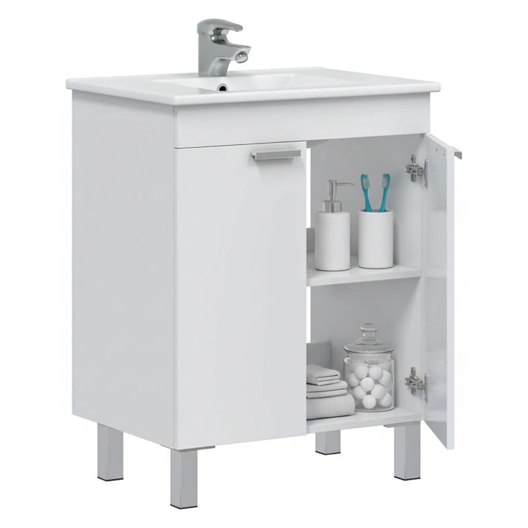 Mobile Sottolavabo Bianco Lucido 2 Ante Apertura Battente 60x45x80h cm, Piedini Alluminio - Polino
