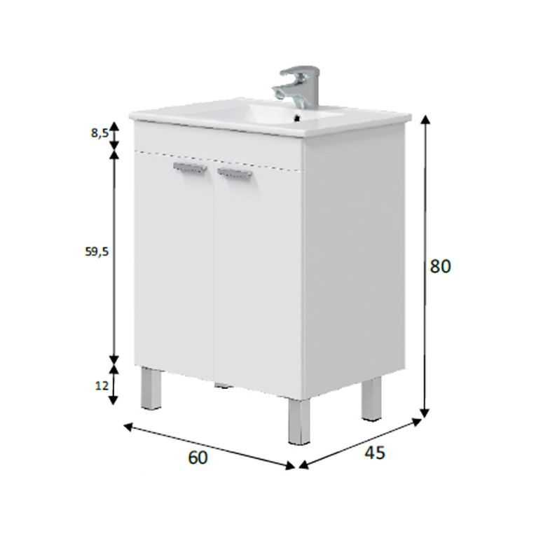 Mobile Sottolavabo Bianco Lucido 2 Ante Apertura Battente 60x45x80h cm, Piedini Alluminio - Polino