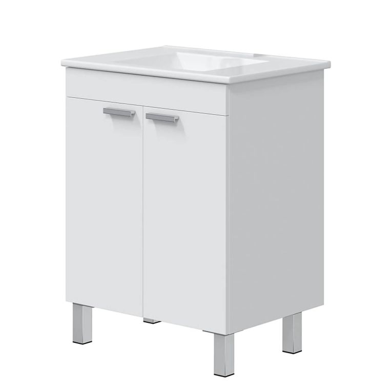 Mobile Sottolavabo Bianco Lucido 2 Ante Apertura Battente 60x45x80h cm, Piedini Alluminio - Polino