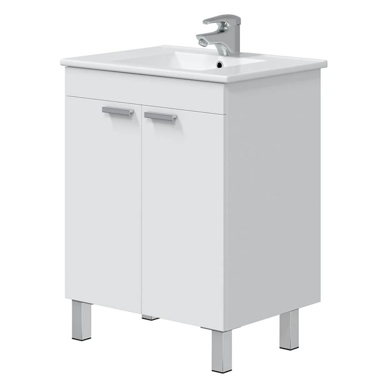 Mobile Sottolavabo Bianco Lucido 2 Ante Apertura Battente 60x45x80h cm, Piedini Alluminio - Polino