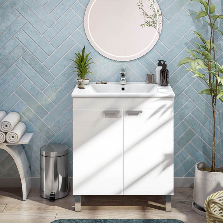 Mobile Sottolavabo Bianco Lucido 2 Ante Apertura Battente 70x45x80h cm, Piedini Alluminio - Cariati