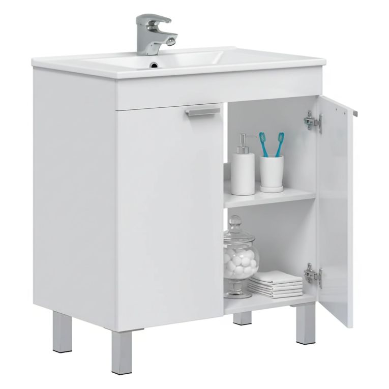 Mobile Sottolavabo Bianco Lucido 2 Ante Apertura Battente 70x45x80h cm, Piedini Alluminio - Cariati