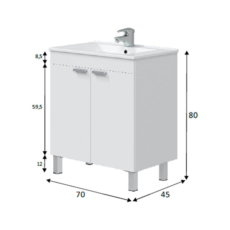 Mobile Sottolavabo Bianco Lucido 2 Ante Apertura Battente 70x45x80h cm, Piedini Alluminio - Cariati