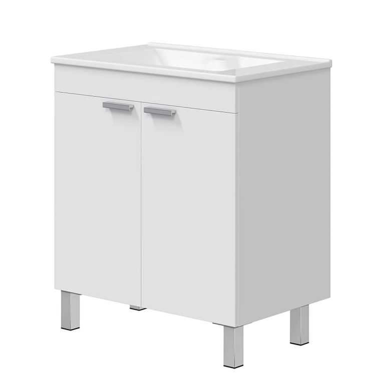 Mobile Sottolavabo Bianco Lucido 2 Ante Apertura Battente 70x45x80h cm, Piedini Alluminio - Cariati