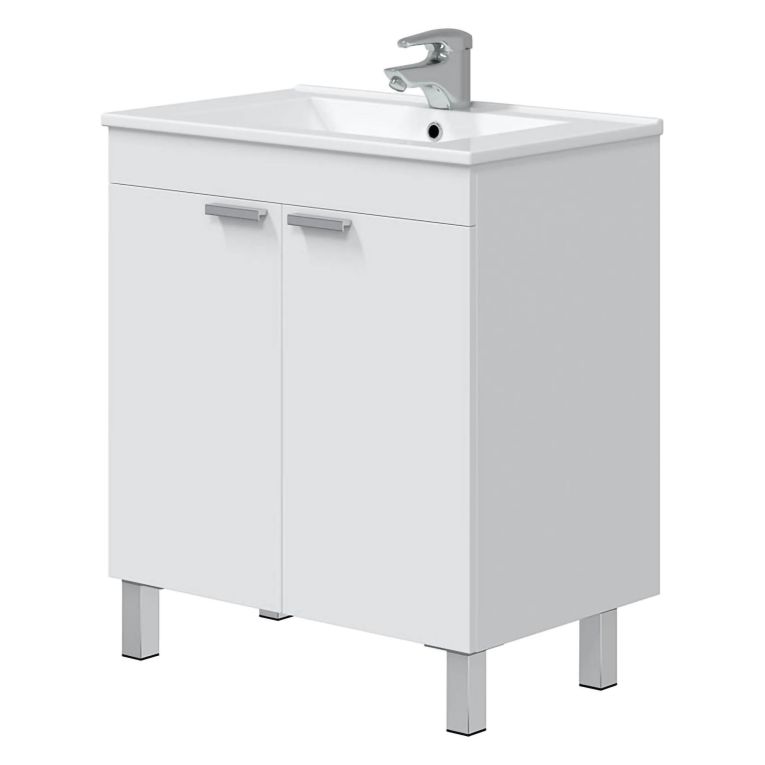 Mobile Sottolavabo Bianco Lucido 2 Ante Apertura Battente 70x45x80h cm, Piedini Alluminio - Cariati