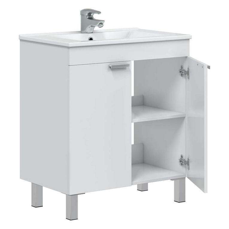 Mobile Sottolavabo Bianco Lucido 2 Ante Apertura Battente 70x45x80h cm, Piedini Alluminio - Cariati