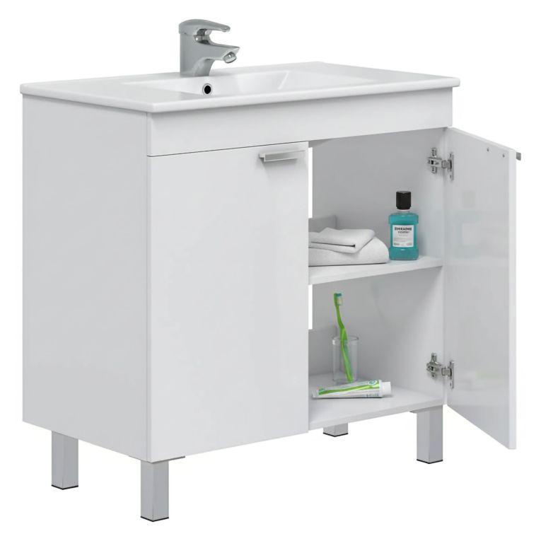 Mobile Sottolavabo Bianco Lucido 2 Ante Apertura Battente 80x45x80h cm, Piedini Alluminio - Massiola