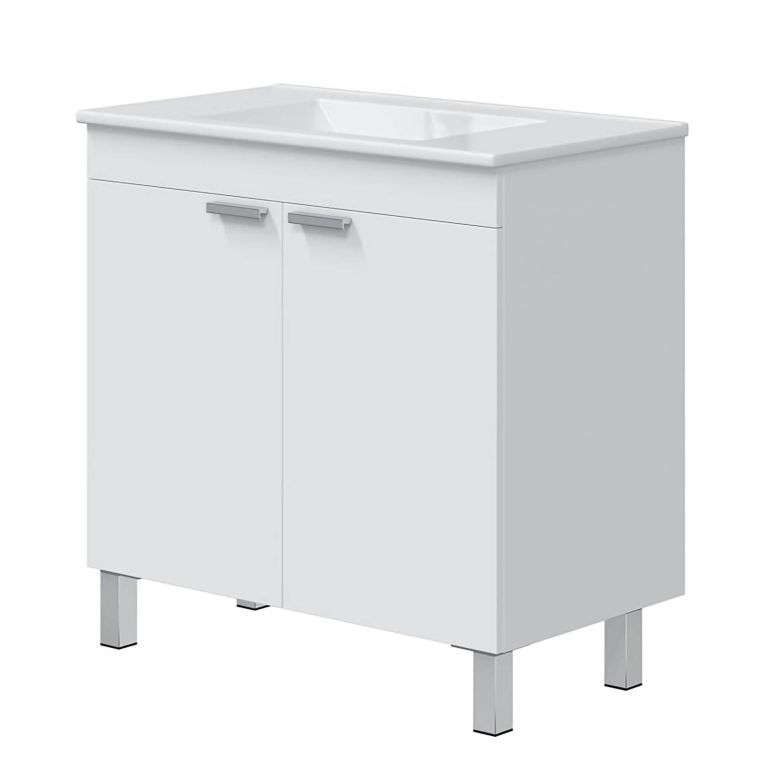 Mobile Sottolavabo Bianco Lucido 2 Ante Apertura Battente 80x45x80h cm, Piedini Alluminio - Massiola
